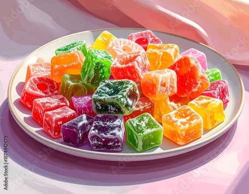 Colorful assortment of gelatinous, cube-shaped candies arranged on a white plate