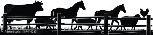 Fence vector silhouette of horse cow and rabbit isolated on transparent background