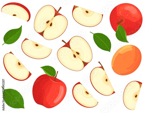 Colorful assortment of sliced and whole apples, leaves, against white backdrop