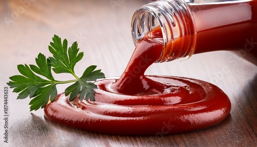 Wallpaper Mural glass ketchup bottle pouring rich red sauce with fresh green parsley garnish Torontodigital.ca
