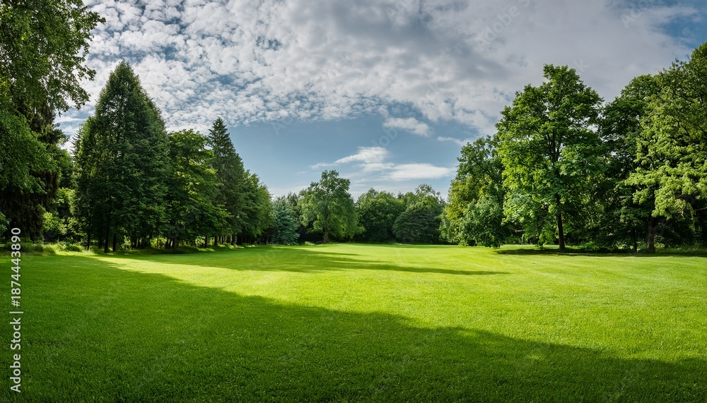 Obraz premium lush green lawn nestled between towering trees under a partly cloudy sky a serene idyllic summer scene