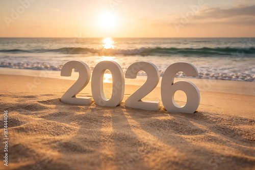 Wallpaper Mural New year 2026 concept with large numbers on sandy beach at golden sunset symbolizing fresh beginnings hope and future goals Torontodigital.ca