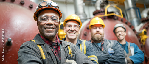 A group of four smiling workers in safety gear posing confidently in an industrial setting with large machinery in the background.
