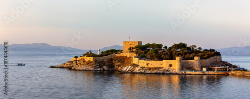 Pigeon Island with Byzantine castle at sunset, Kusadasi, Turkey