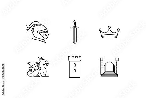 Medieval line art icons of knight, sword, crown, dragon, tower, and bridge