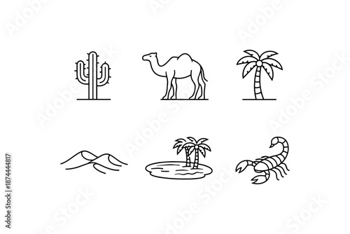Minimal desert icons with camel, cactus, and oasis elements in line art style