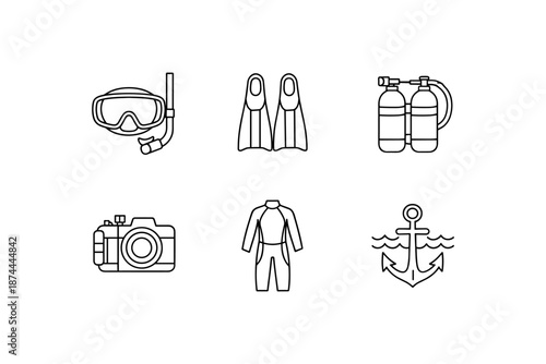 Minimalist diving gear icons collection: snorkel, camera, wetsuit, anchor, flippers, oxygen tank