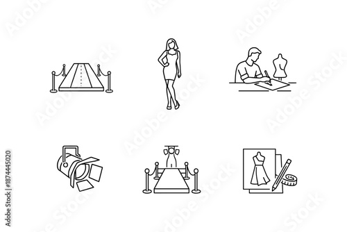 Fashion industry icons: runway, designer, model, and dressmaking in linear style