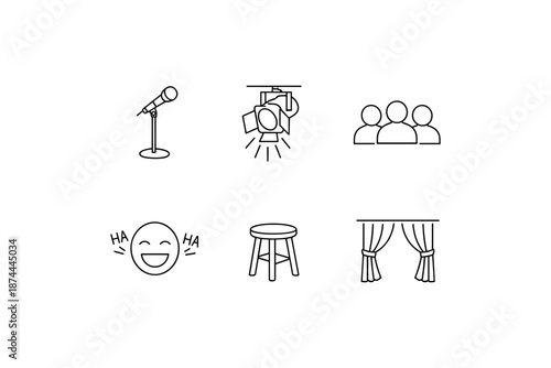 Minimalist theater icons: microphone, stage lights, audience, comedy, stool, curtain