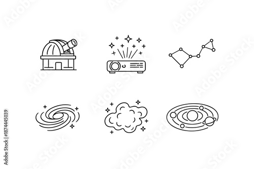 Astronomy icons set featuring telescope, star projector, and celestial symbols in linear style