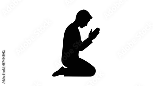 Silhouette of a man kneeling and praying with hands clasped together.