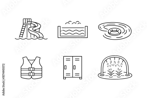 Linear water park icons: slide, pool, lazy river, life vest, lockers, fountain