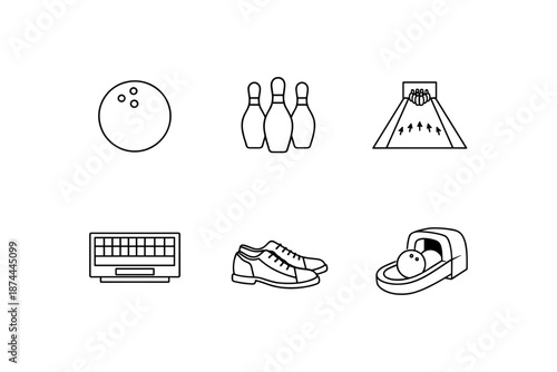 Bowling icon set featuring pins, ball, shoes, lane, and scoreboard in linear style