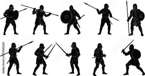 Medieval knight silhouette set, armored warriors with swords spears shields, combat poses, black vector illustration, isolated on white background design