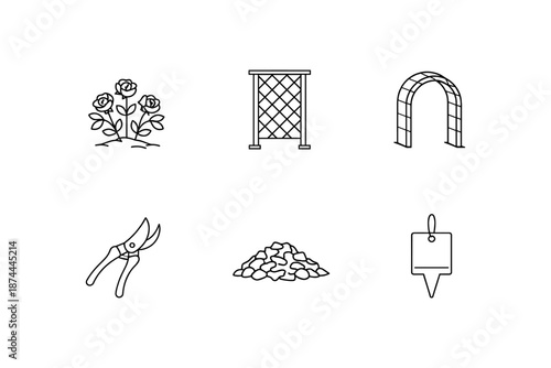 Garden icon set: rose, trellis, arch, shears, gravel, plant tag in linear style