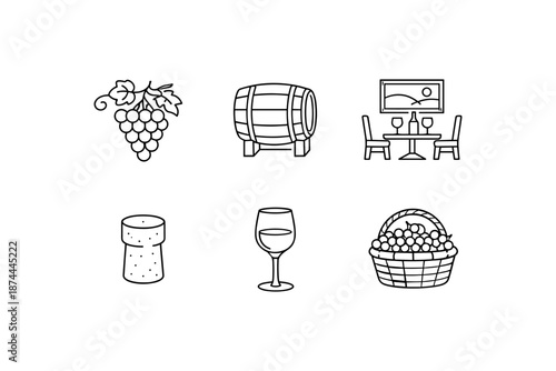Wine tasting icons set: grapes, barrel, dining, cork, glass, basket