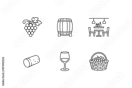 Wine elements outline set: grapes, barrel, cozy bistro, wine glass, cork, basket