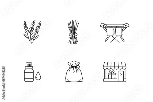 Simple line icons: herbs, camping gear, aromatherapy, gift shop
