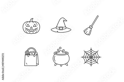 Minimal halloween icons: pumpkin, witch hat, broom, candy bag, cauldron, spider web