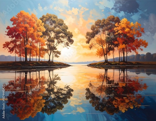 Colorful autumn trees reflect beautifully on a serene lake, under a vibrant sunset sky