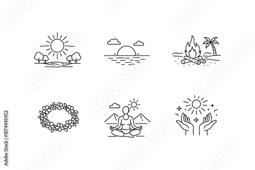 Minimalist summer icons: beach, meditation, nature, and campfire line art collection