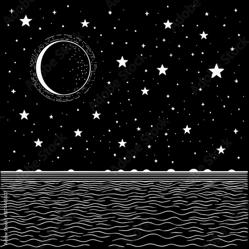 A peaceful illustration of a blue starry night sky with the moon shining among bright stars