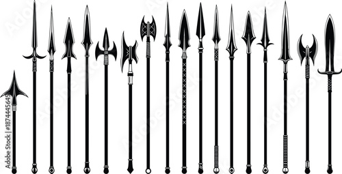 Medieval, spear, weapons, silhouettes, collection, ancient, polearms, halberd, pike, trident, black, vector, illustration, isolated, fantasy, warfare, arsenal, design, set, stock