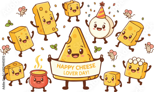 Cute cartoon cheese characters celebrating with mice and a fondue pot, happy cheese lover day illustration