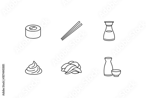 Minimalist japanese cuisine icons: sushi, soy sauce, wasabi, pickled ginger, sake