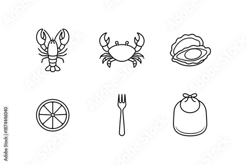 Seafood icons set: linear style with crab, lobster, oyster, lemon, fork, and bib