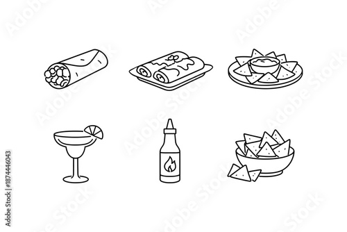 Mexican food outline icons: tacos, nachos, enchiladas, margarita, salsa, hot sauce