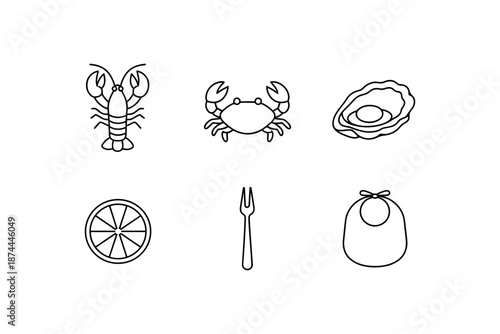 Minimalist seafood line art: lobster, crab, oyster, lemon, fork, bib