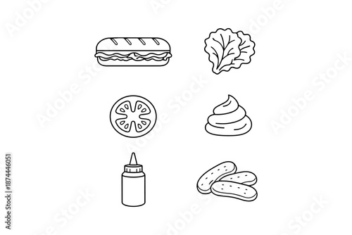 Linear sandwich ingredients: icon set featuring popular food elements