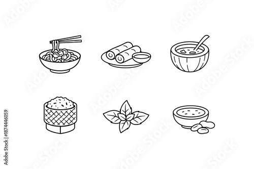 Minimalist asian cuisine icons: noodles, dim sum, rice, herbs, soup in linear style