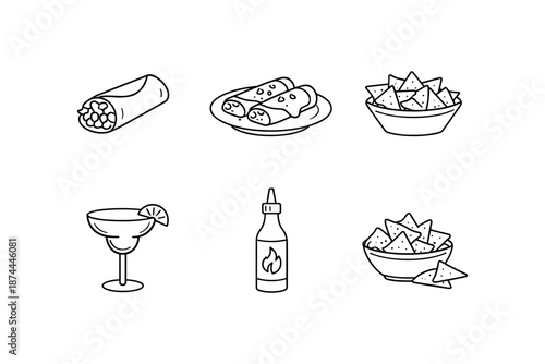Outline icons: mexican food featuring burrito tacos nachos and salsa
