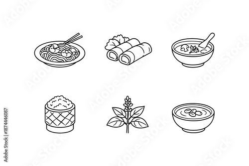 Set of asian cuisine icons: noodles, spring rolls, herbs and more in linear style