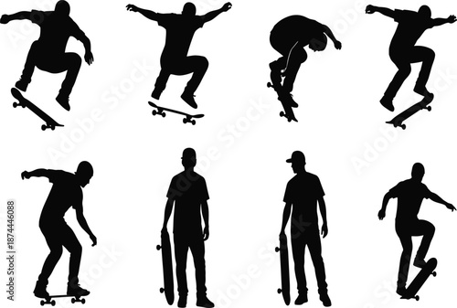 Skateboarder silhouette set, skateboarding tricks and poses, urban street sport action, black vector illustration isolated on white background design