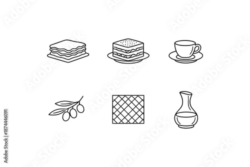 Simple line art italian cuisine icons: lasagna, tiramisu, espresso, olives, tablecloth, jug