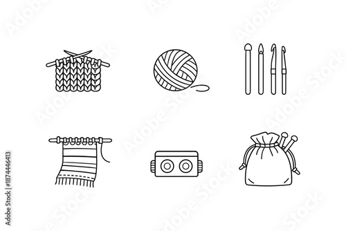 Knitting and crochet tools: minimalist line art of yarn, needles, and accessories