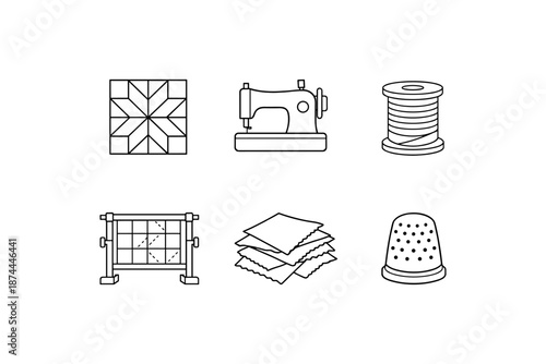 Sewing icons: machine, quilt, yarn, thimble, fabric in linear style