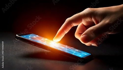 A hand is pointing at a cell phone screen with a glowing finger