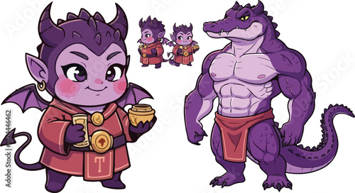 Adorable purple devil character holding a small golden jar stands beside a muscular anthropomorphic alligator warrior in vibrant fantasy art.
