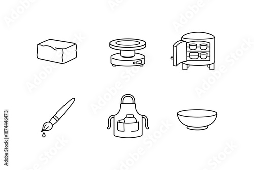 Pottery craft tools icon set featuring clay, kiln, and potter's wheel