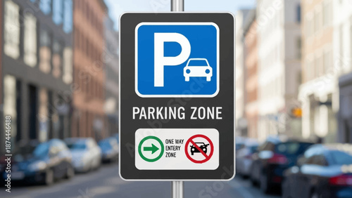 Black and Blue Parking Zone Sign with One Way and No Parking Symbols on City Street