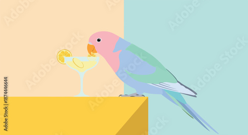 Colorful pastel illustration depicts a charming princess parrot bird delicately sipping a refreshing cocktail garnished with a citrus slice