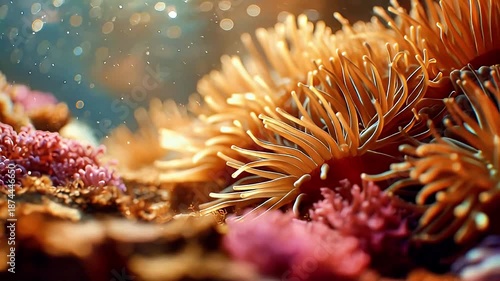 Vibrant coral reef underwater scene with anemones and colorful marine life in tropical ocean environment close up macro footage