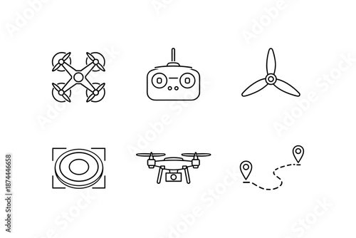 Linear drone and remote controller icons set for technology and navigation designs