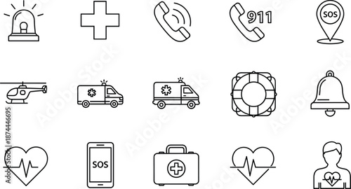 Vector illustration of emergency and medical icon collection with ambulance, siren, heart, phone, SOS, first aid, and rescue symbol design