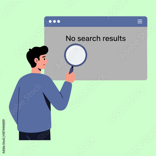 Frustrated cartoon man with black hair, blue shirt, holding magnifying glass, sad expression.