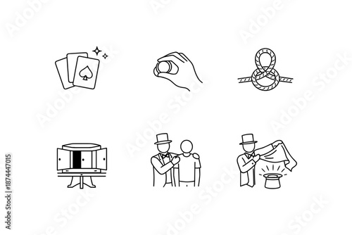 Magic tricks icons set: cards, coins, rope, top hat, magician act